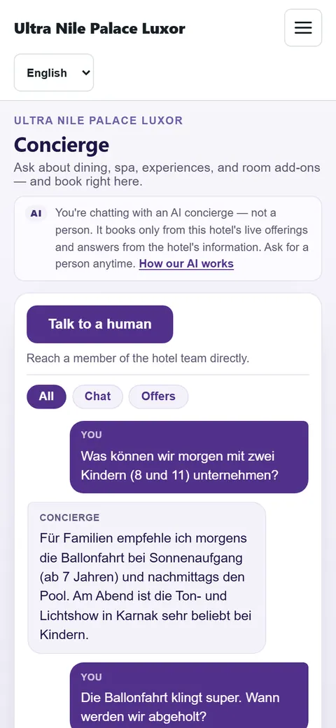 A guest chatting with the AI concierge of our demo hotel on a phone.